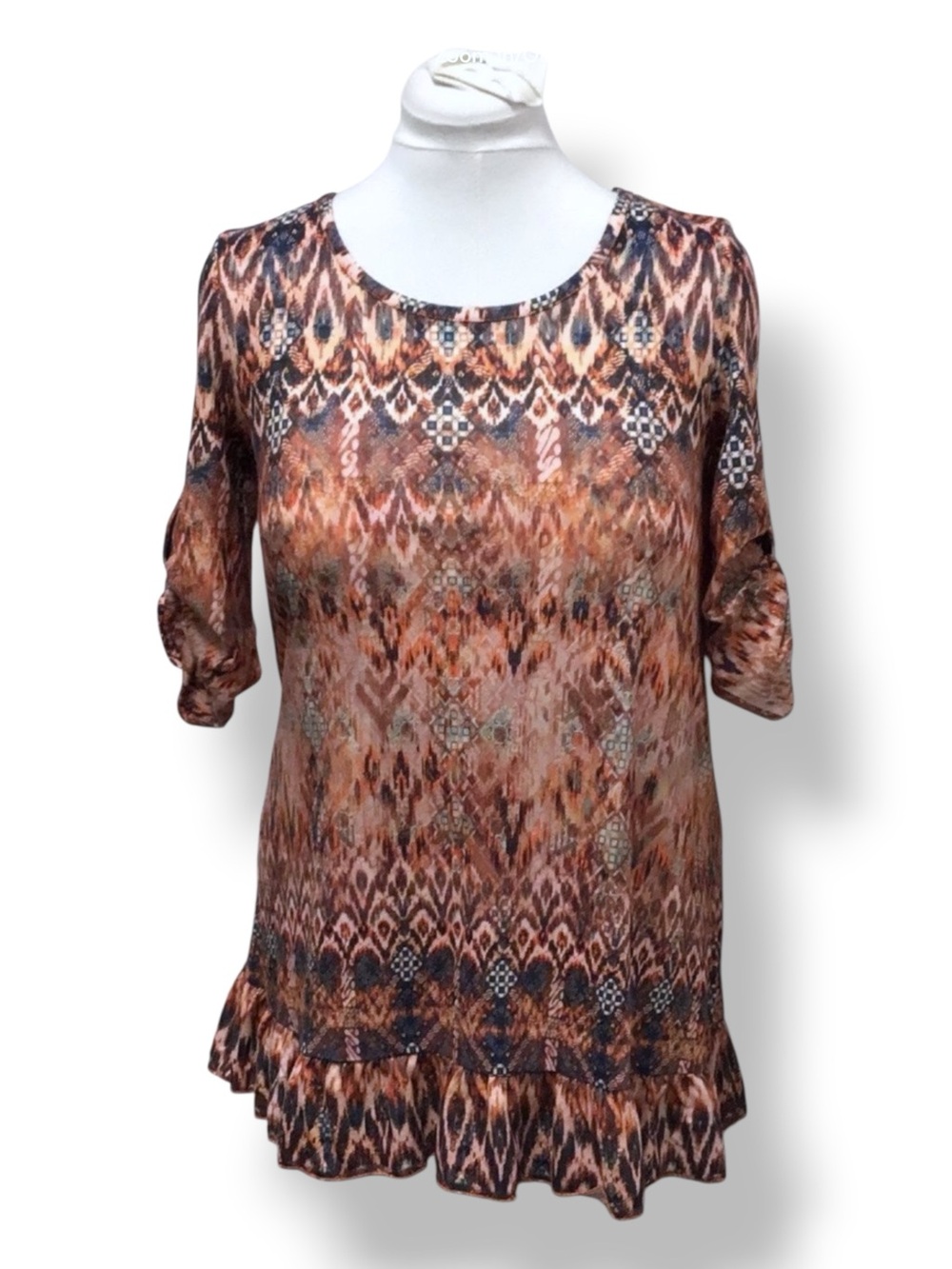 Song n Spirit Women’s Long Roll-tab Sleeve Round Neck Tunic, Orange, size S